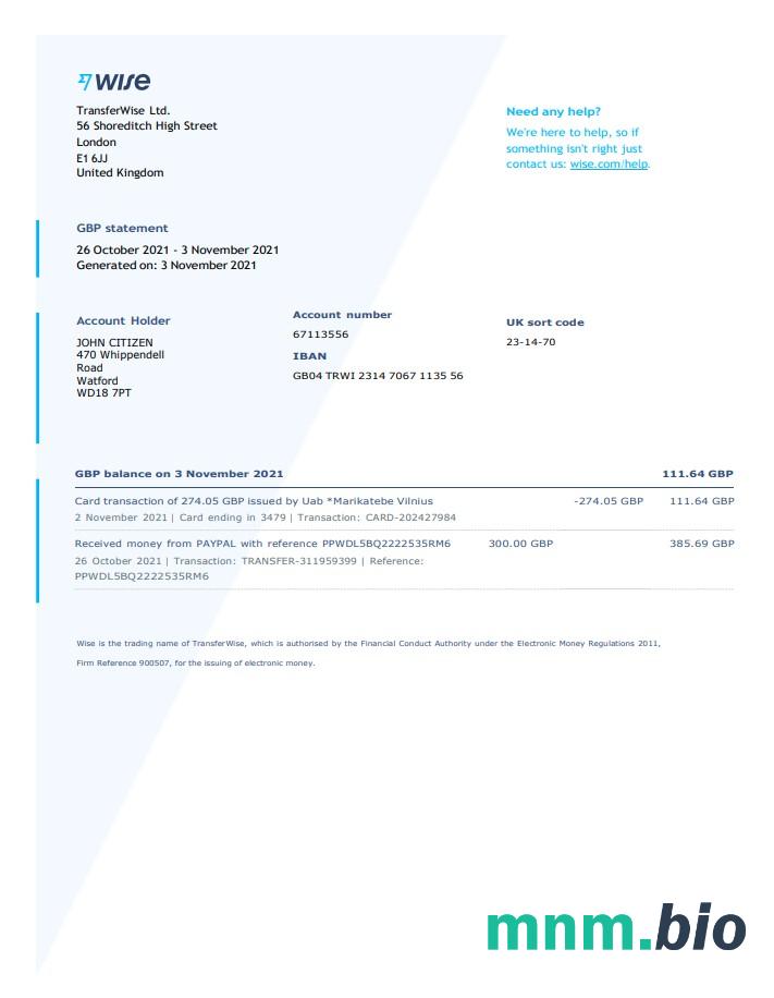 United Kingdom Wise business wyciąg bankowy szablon Worda i PDF